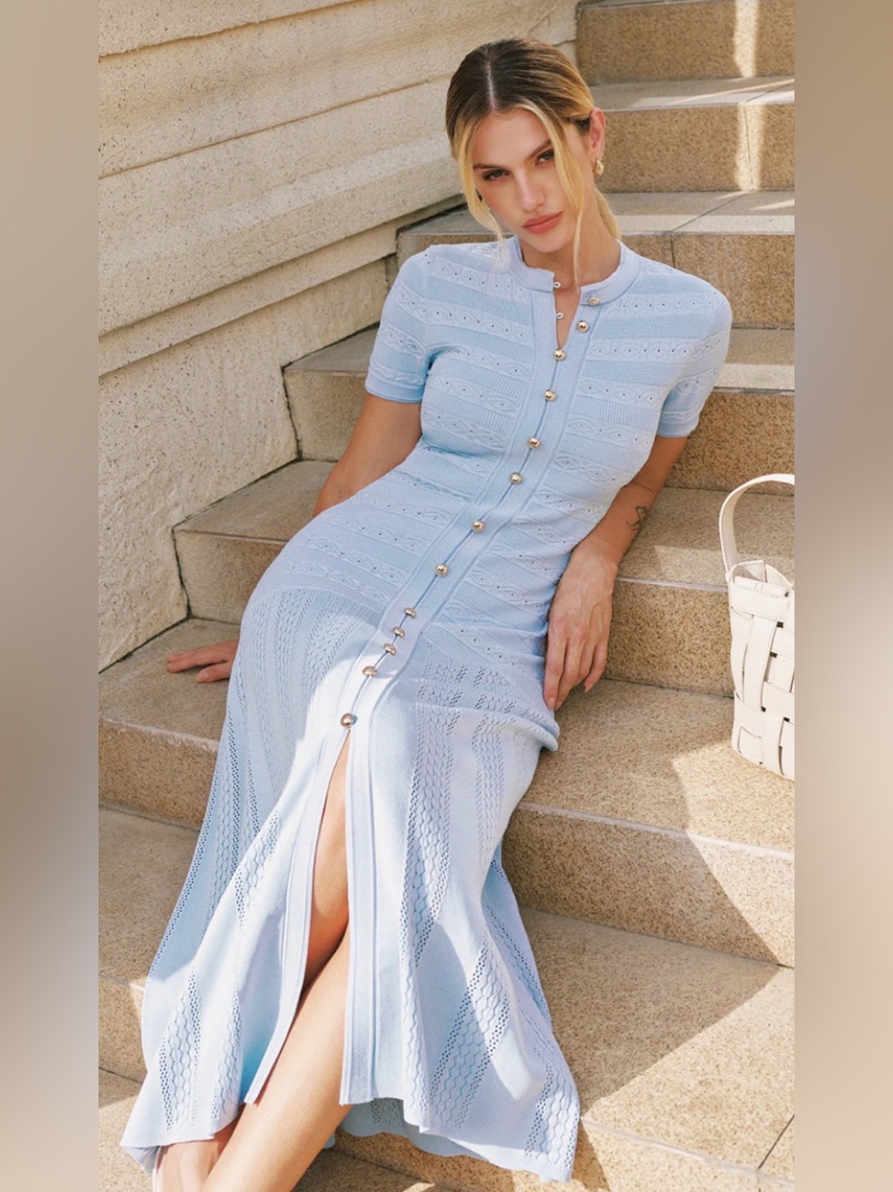 Commense Pale Blue Button-Front Knit Midi Dress - Picture 3 of 10